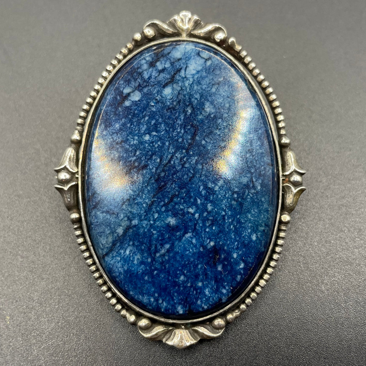 Antique silver (tested) and blue gemstone (sodalite?) brooch, quite large, beautiful colour