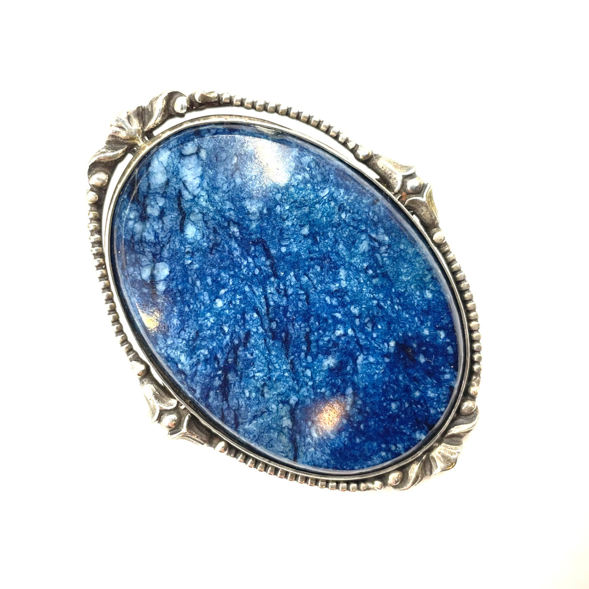 Antique silver (tested) and blue gemstone (sodalite?) brooch, quite large, beautiful colour