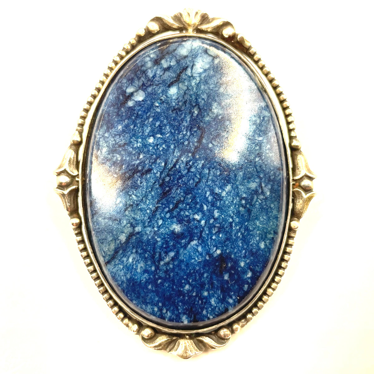 Antique silver (tested) and blue gemstone (sodalite?) brooch, quite large, beautiful colour