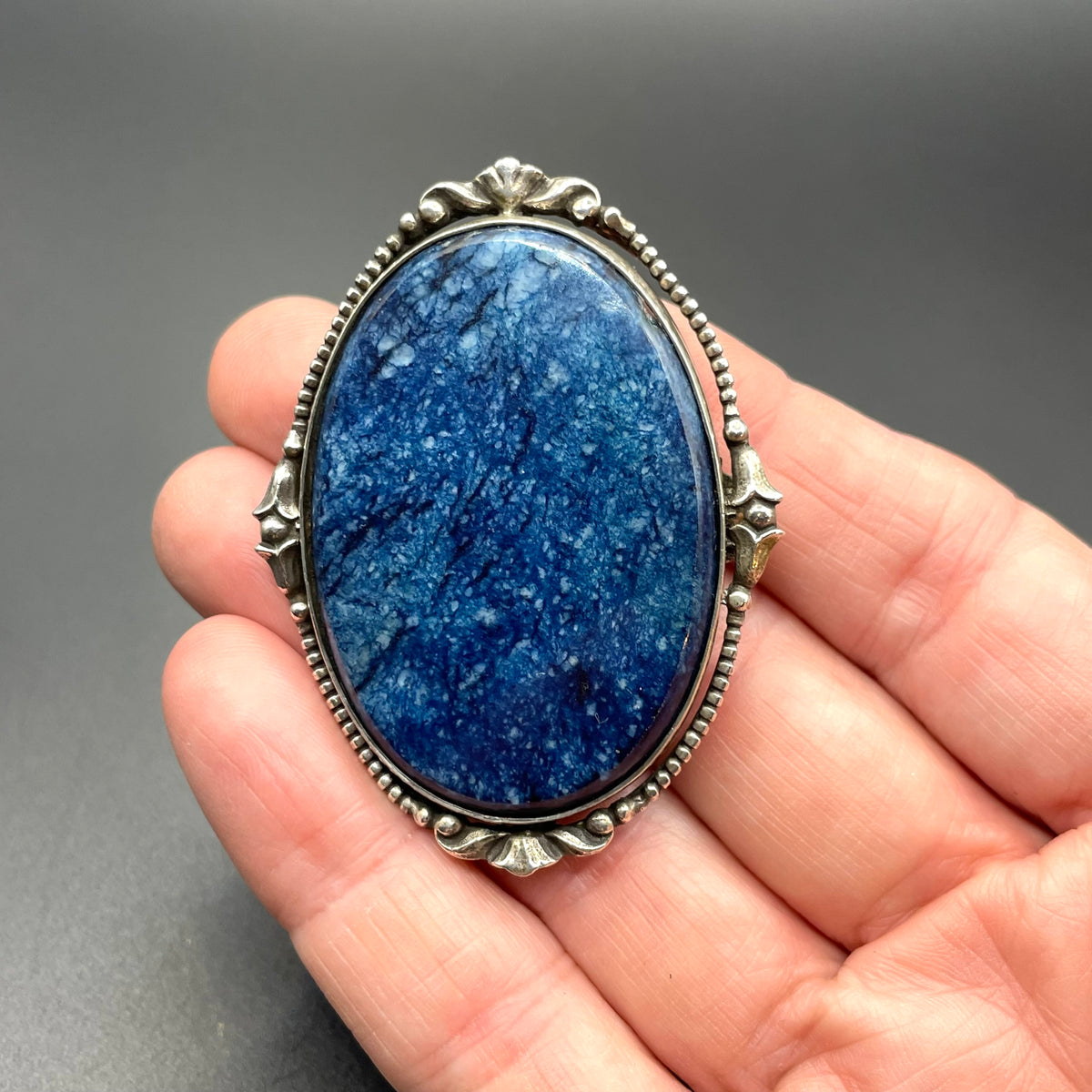Antique silver (tested) and blue gemstone (sodalite?) brooch, quite large, beautiful colour