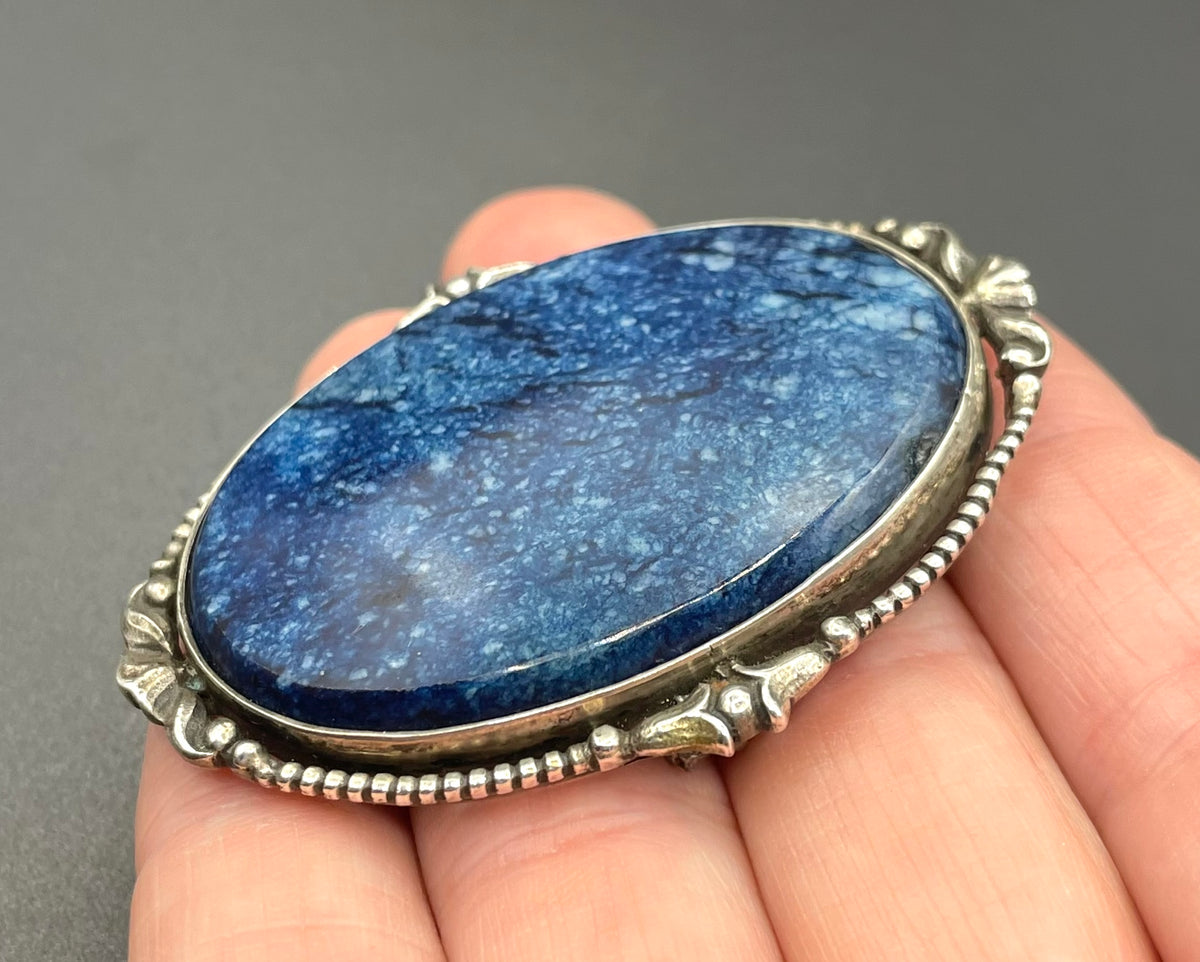 Antique silver (tested) and blue gemstone (sodalite?) brooch, quite large, beautiful colour