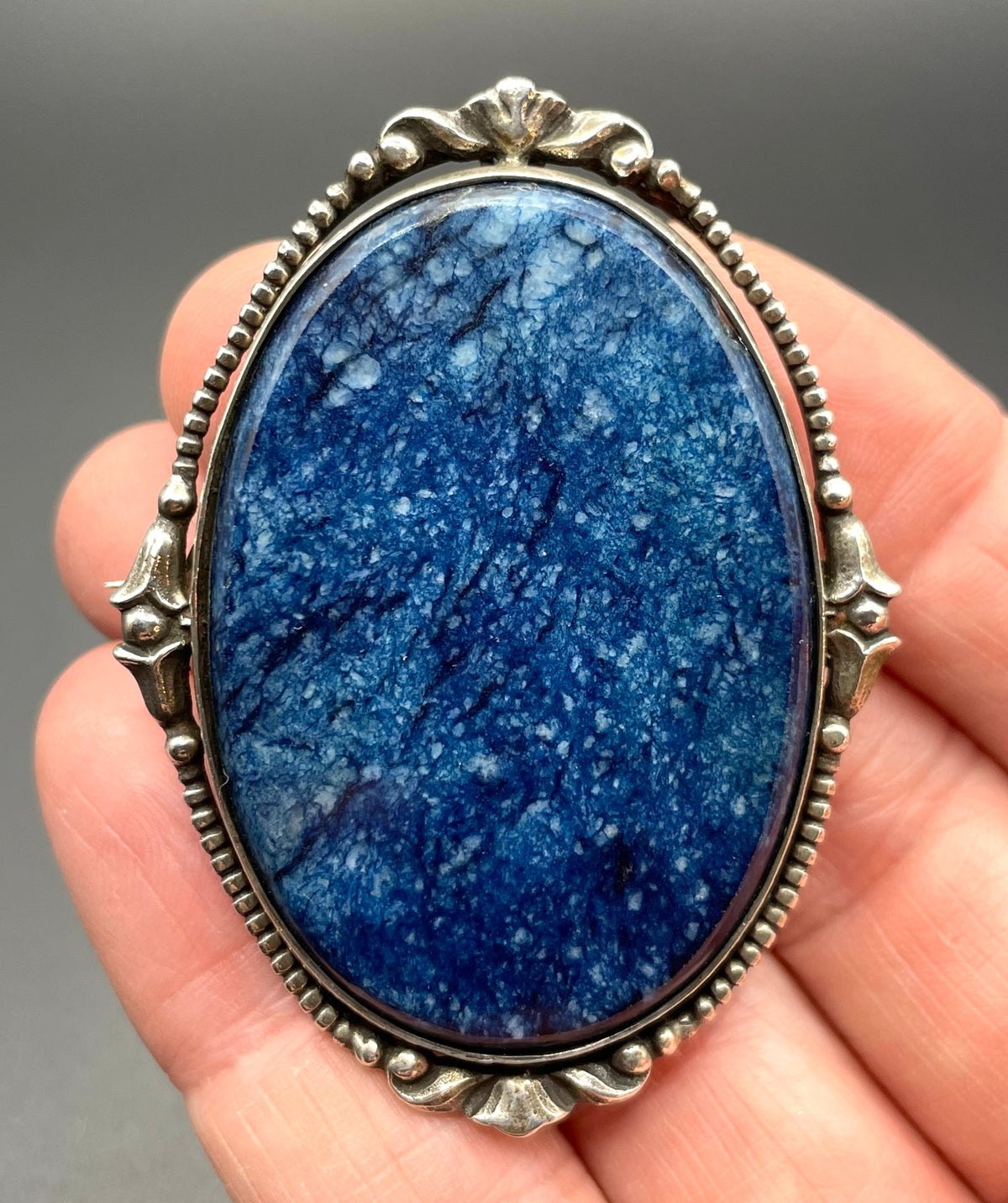 Antique silver (tested) and blue gemstone (sodalite?) brooch, quite large, beautiful colour