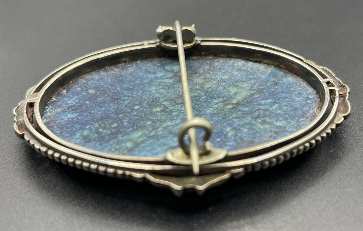 Antique silver (tested) and blue gemstone (sodalite?) brooch, quite large, beautiful colour