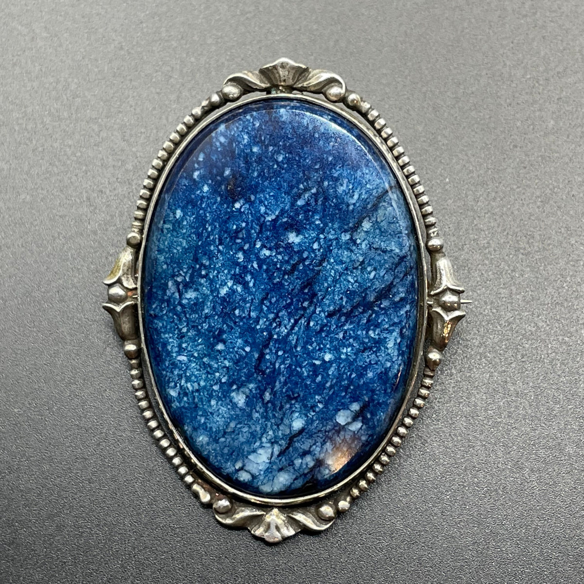 Antique silver (tested) and blue gemstone (sodalite?) brooch, quite large, beautiful colour