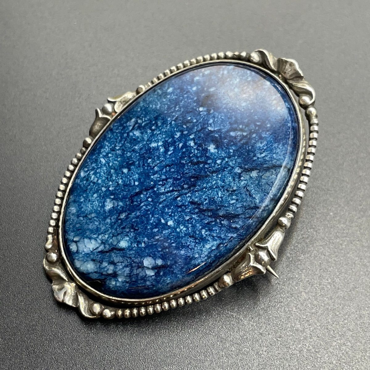 Antique silver (tested) and blue gemstone (sodalite?) brooch, quite large, beautiful colour