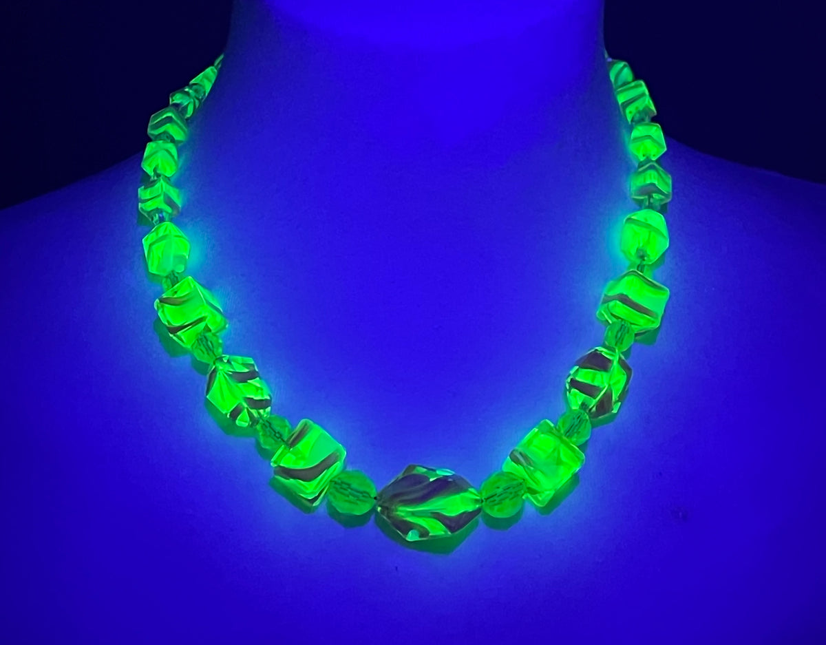 Vintage Louis Rousselet uranium glass Art Deco necklace on foxtail chain - UV sensitive yellow and orange swirl beads