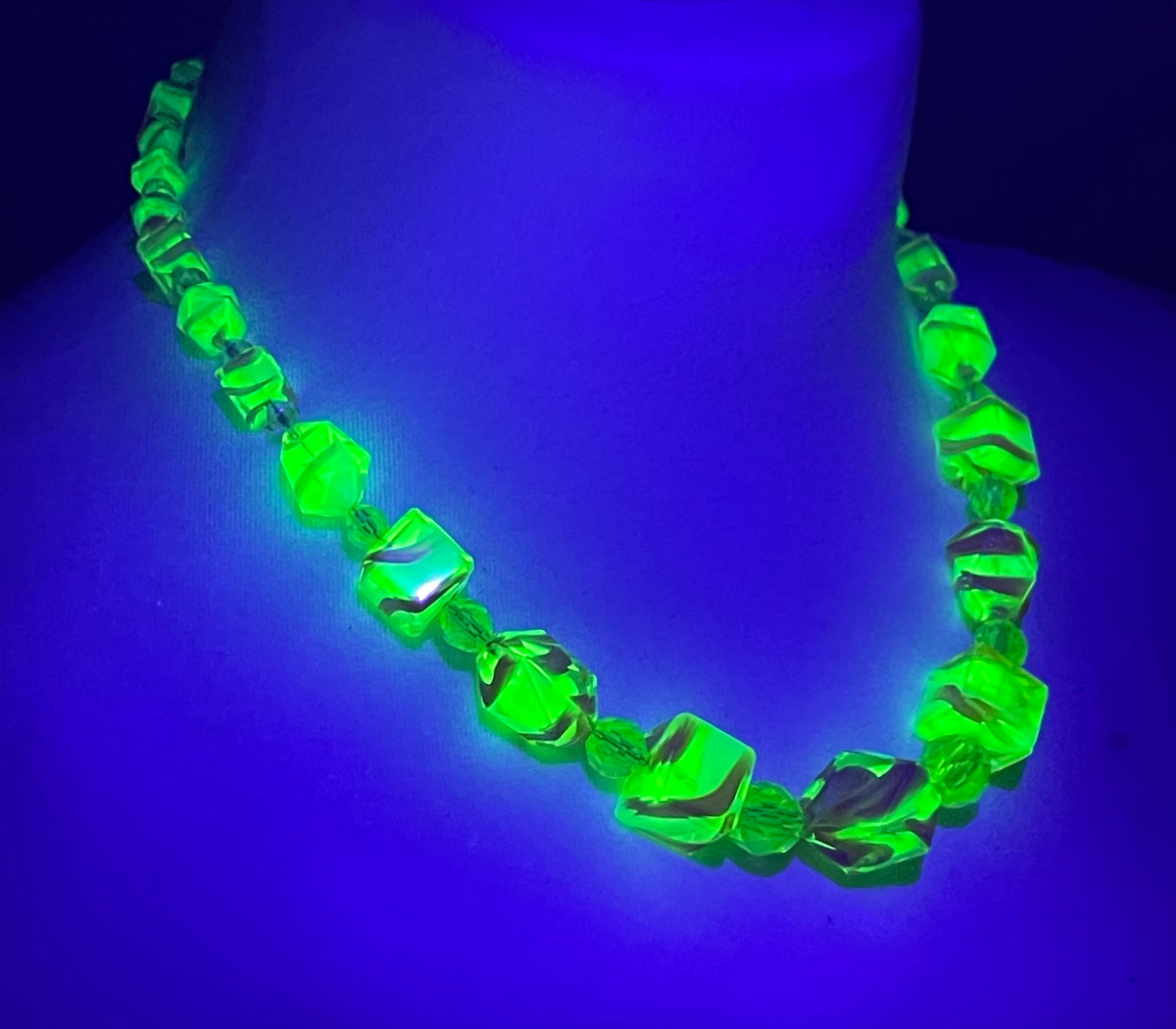 Vintage Louis Rousselet uranium glass Art Deco necklace on foxtail chain - UV sensitive yellow and orange swirl beads