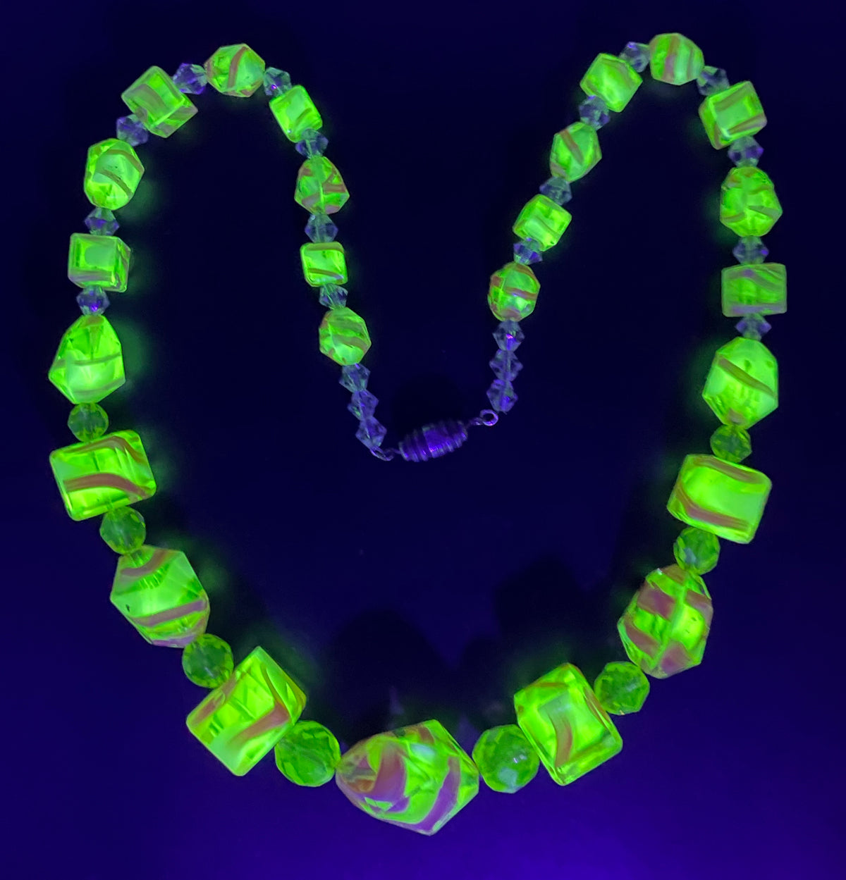 Vintage Louis Rousselet uranium glass Art Deco necklace on foxtail chain - UV sensitive yellow and orange swirl beads