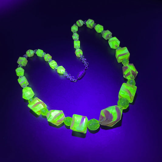 Vintage Louis Rousselet uranium glass Art Deco necklace on foxtail chain - UV sensitive yellow and orange swirl beads