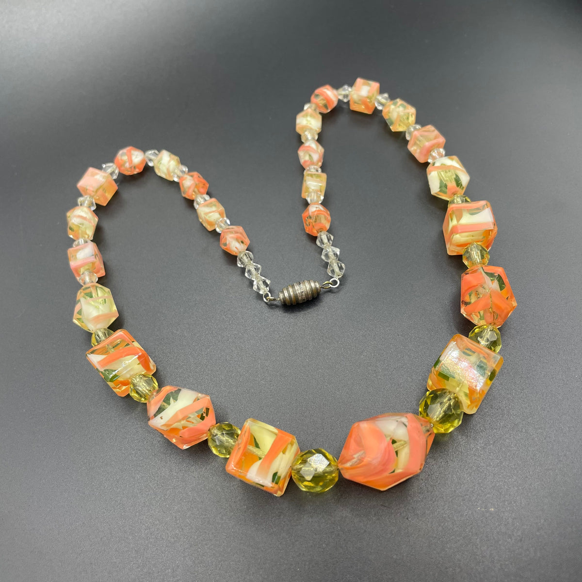 Vintage Louis Rousselet uranium glass Art Deco necklace on foxtail chain - UV sensitive yellow and orange swirl beads