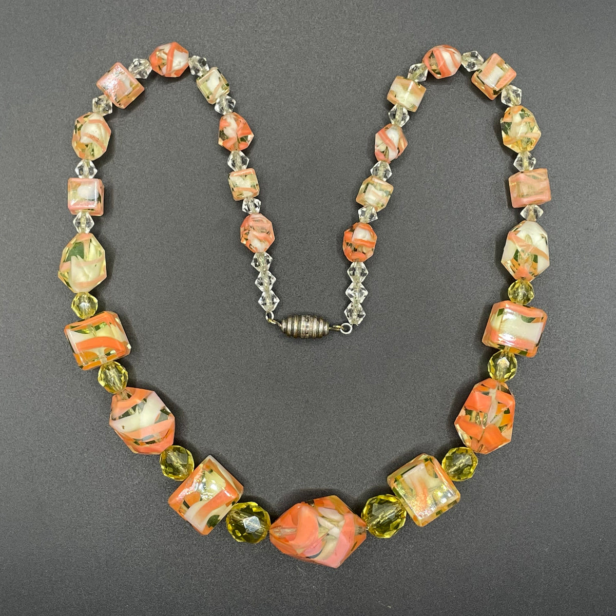 Vintage Louis Rousselet uranium glass Art Deco necklace on foxtail chain - UV sensitive yellow and orange swirl beads