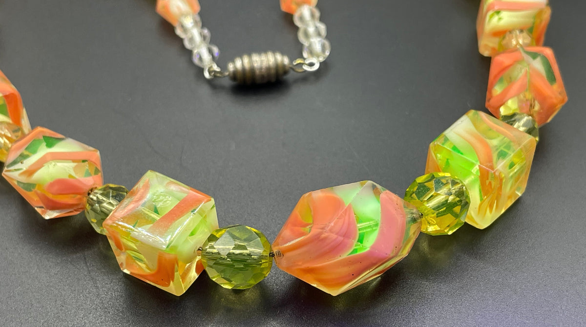 Vintage Louis Rousselet uranium glass Art Deco necklace on foxtail chain - UV sensitive yellow and orange swirl beads