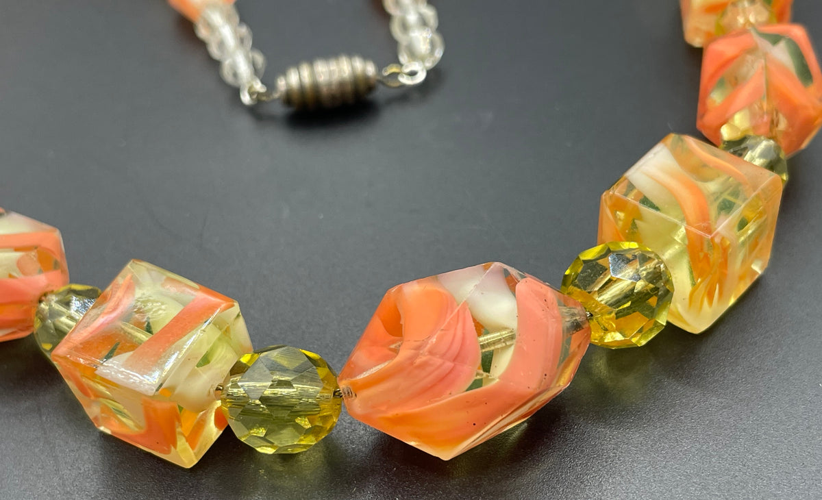 Vintage Louis Rousselet uranium glass Art Deco necklace on foxtail chain - UV sensitive yellow and orange swirl beads