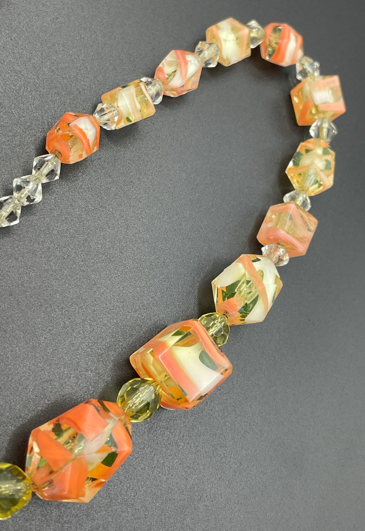 Vintage Louis Rousselet uranium glass Art Deco necklace on foxtail chain - UV sensitive yellow and orange swirl beads