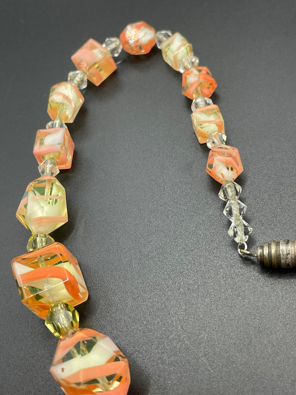 Vintage Louis Rousselet uranium glass Art Deco necklace on foxtail chain - UV sensitive yellow and orange swirl beads