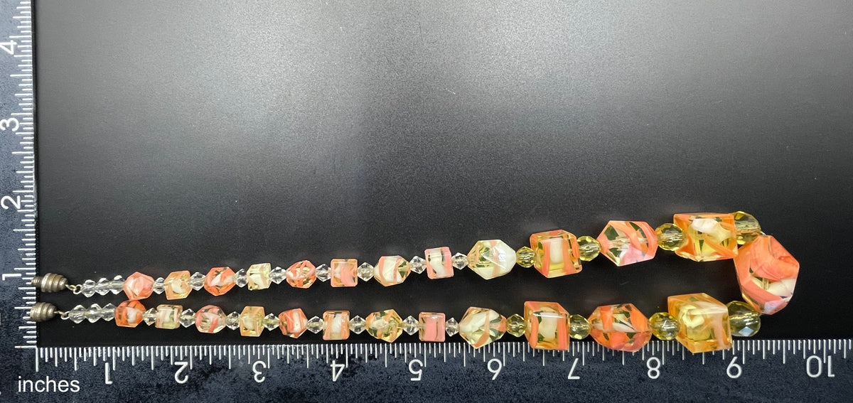 Vintage Louis Rousselet uranium glass Art Deco necklace on foxtail chain - UV sensitive yellow and orange swirl beads