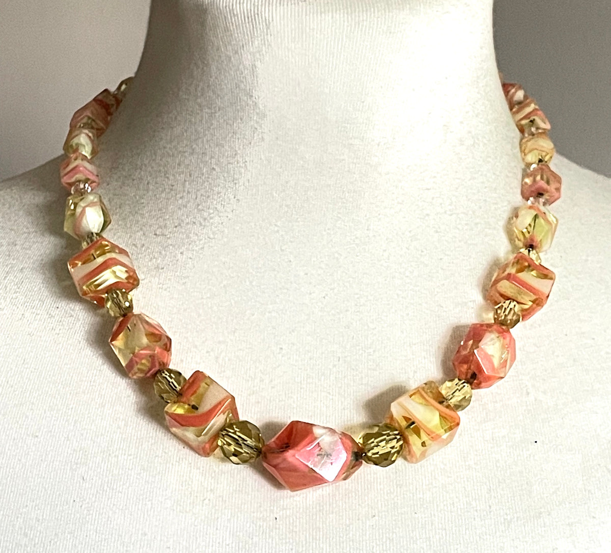 Vintage Louis Rousselet uranium glass Art Deco necklace on foxtail chain - UV sensitive yellow and orange swirl beads