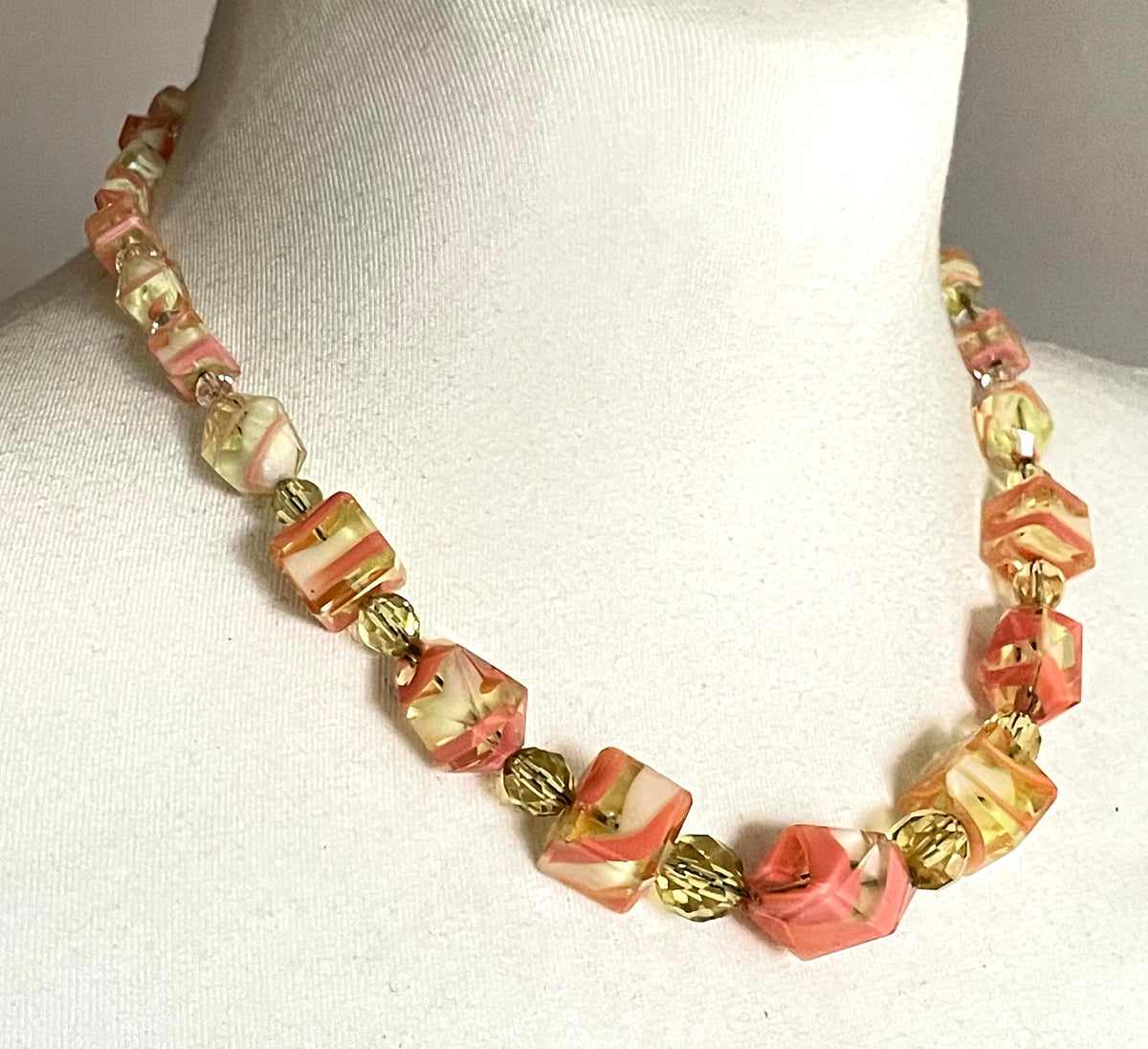 Vintage Louis Rousselet uranium glass Art Deco necklace on foxtail chain - UV sensitive yellow and orange swirl beads