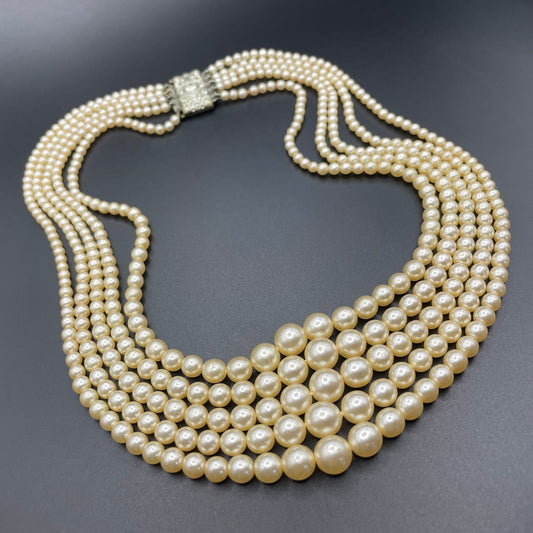 Vintage five strand glass faux pearl necklace with ornate clear rhinestone box clasp, graduated glass pearls