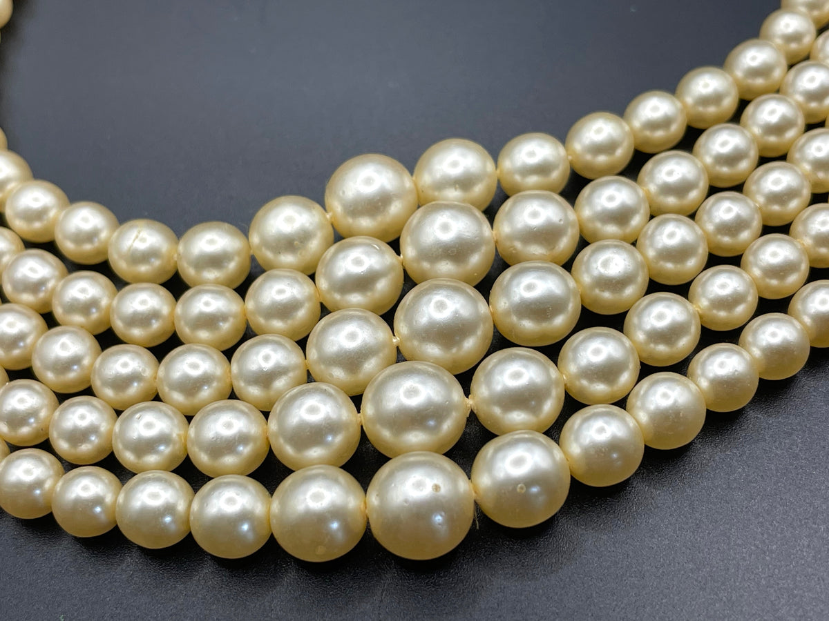 Vintage five strand glass faux pearl necklace with ornate clear rhinestone box clasp, graduated glass pearls