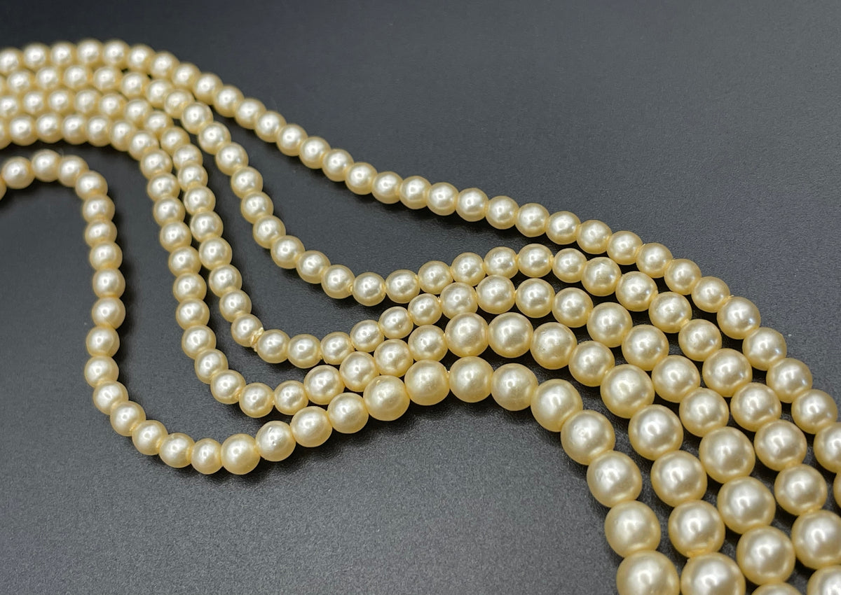 Vintage five strand glass faux pearl necklace with ornate clear rhinestone box clasp, graduated glass pearls