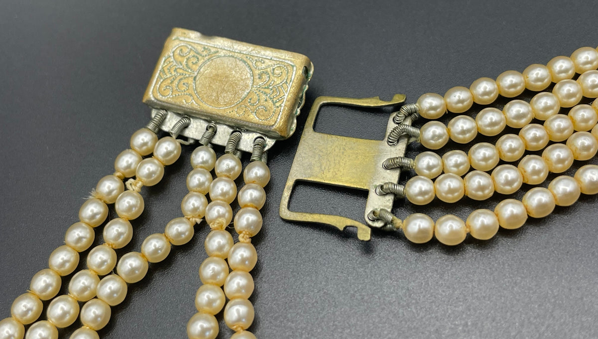 Vintage five strand glass faux pearl necklace with ornate clear rhinestone box clasp, graduated glass pearls