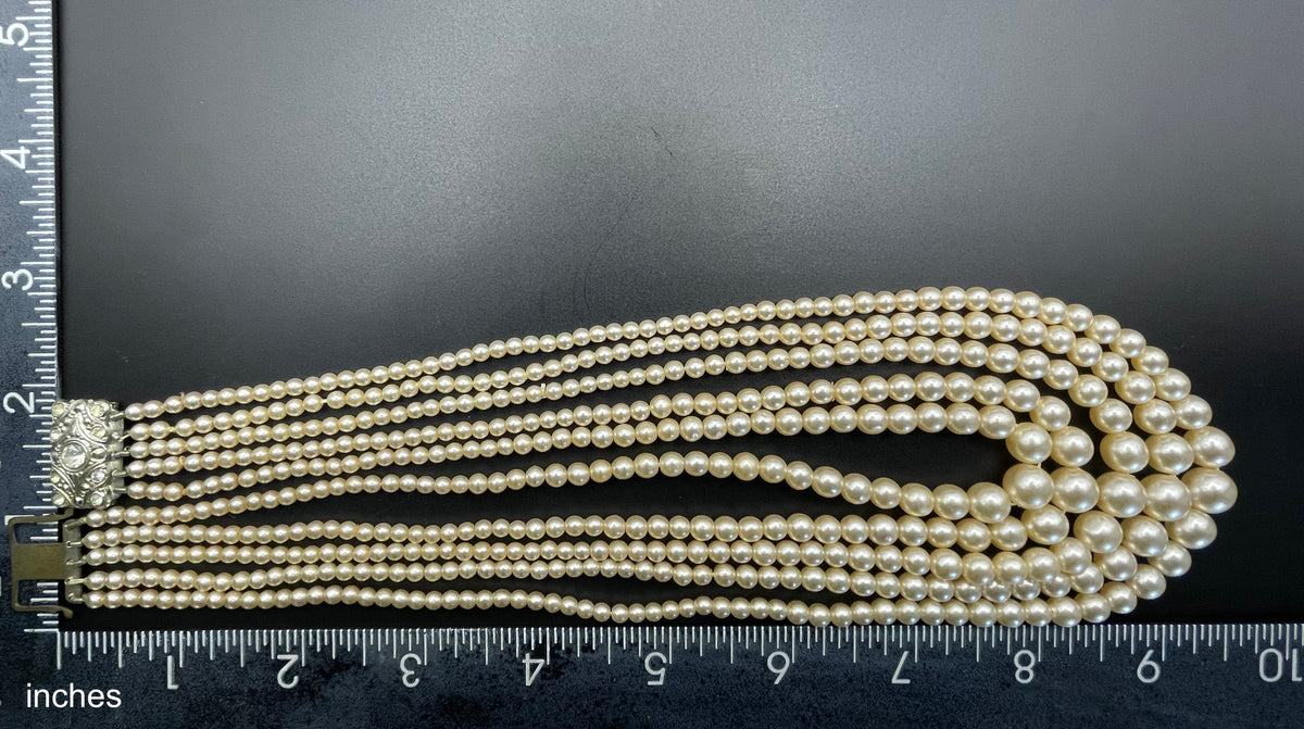 Vintage five strand glass faux pearl necklace with ornate clear rhinestone box clasp, graduated glass pearls