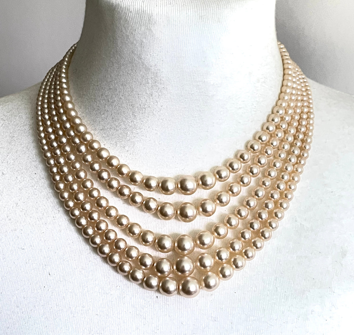 Vintage five strand glass faux pearl necklace with ornate clear rhinestone box clasp, graduated glass pearls