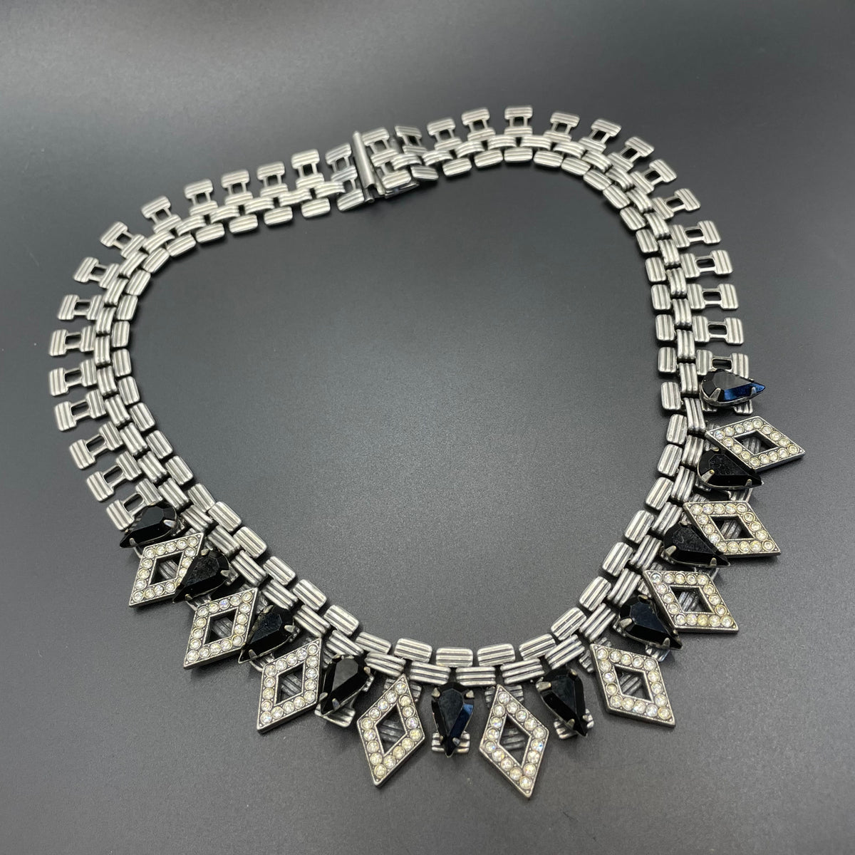 Vintage signed Askew London monchrome Art Deco style collar necklace, statement piece, chic dark silver tone with black & clear rhinestones
