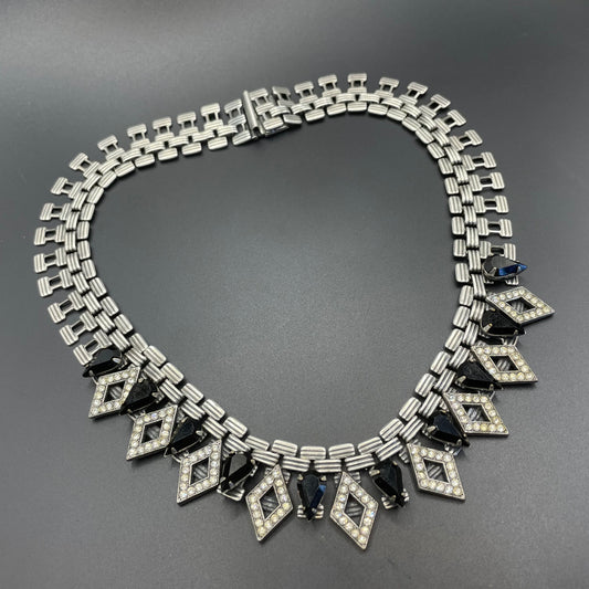 Vintage signed Askew London monchrome Art Deco style collar necklace, statement piece, chic dark silver tone with black & clear rhinestones