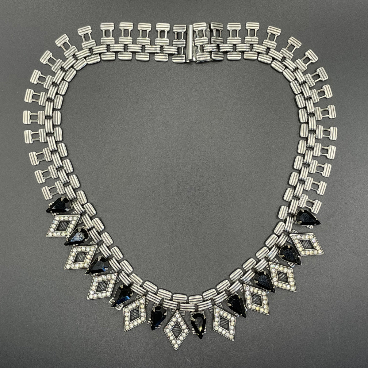 Vintage signed Askew London monchrome Art Deco style collar necklace, statement piece, chic dark silver tone with black & clear rhinestones
