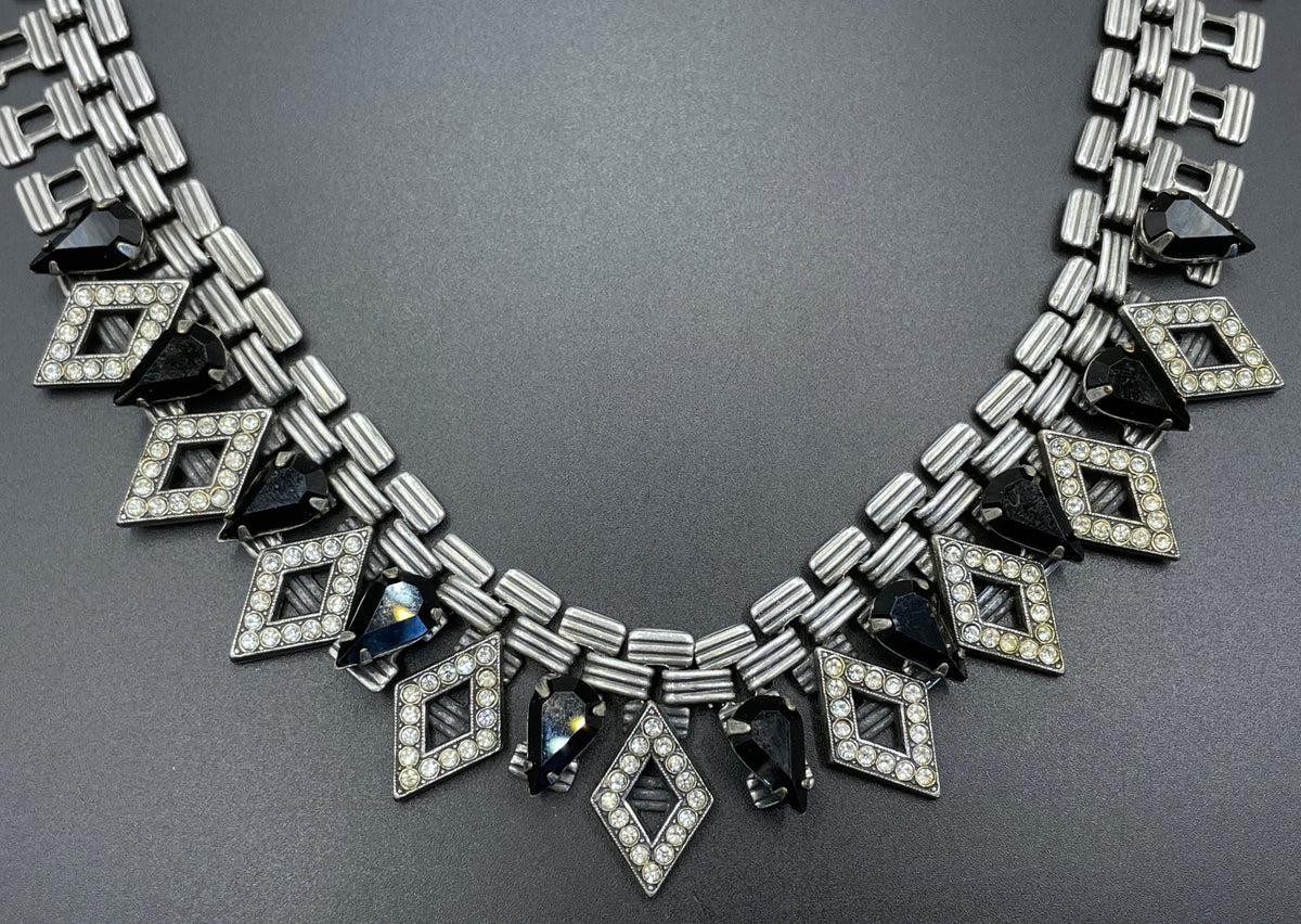 Vintage signed Askew London monchrome Art Deco style collar necklace, statement piece, chic dark silver tone with black & clear rhinestones