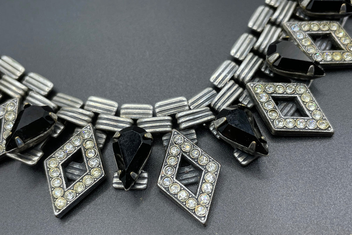 Vintage signed Askew London monchrome Art Deco style collar necklace, statement piece, chic dark silver tone with black & clear rhinestones