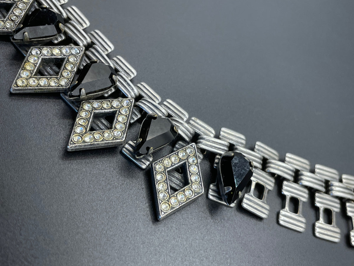 Vintage signed Askew London monchrome Art Deco style collar necklace, statement piece, chic dark silver tone with black & clear rhinestones