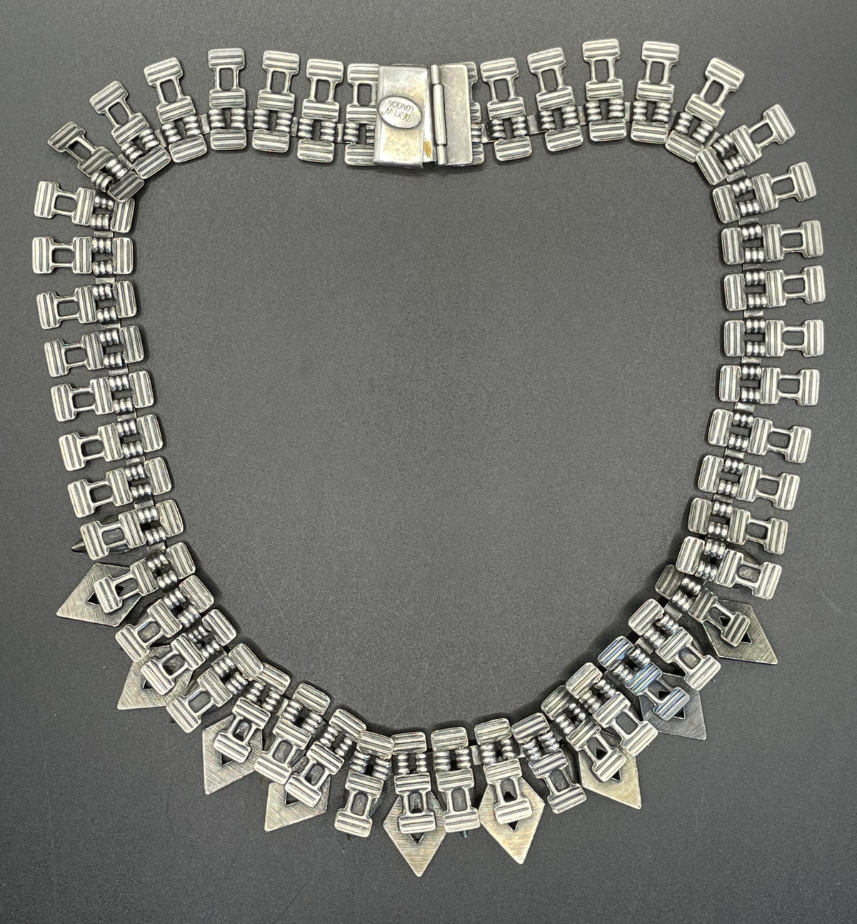 Vintage signed Askew London monchrome Art Deco style collar necklace, statement piece, chic dark silver tone with black & clear rhinestones