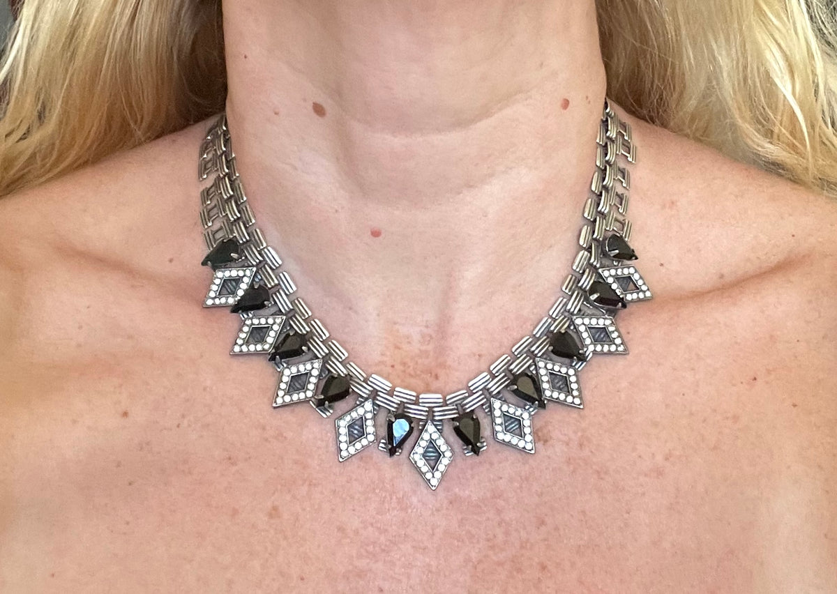 Vintage signed Askew London monchrome Art Deco style collar necklace, statement piece, chic dark silver tone with black & clear rhinestones