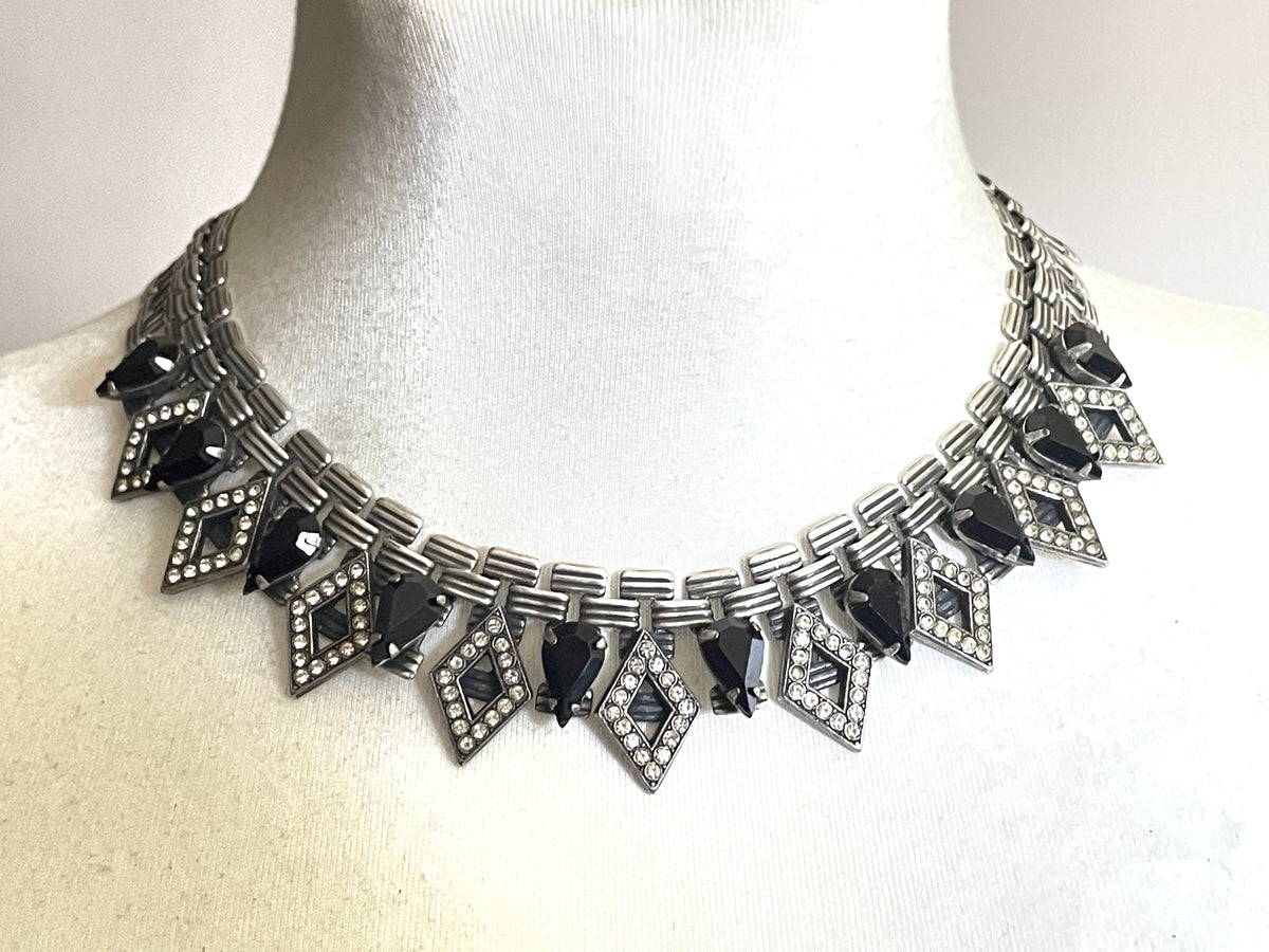 Vintage signed Askew London monchrome Art Deco style collar necklace, statement piece, chic dark silver tone with black & clear rhinestones