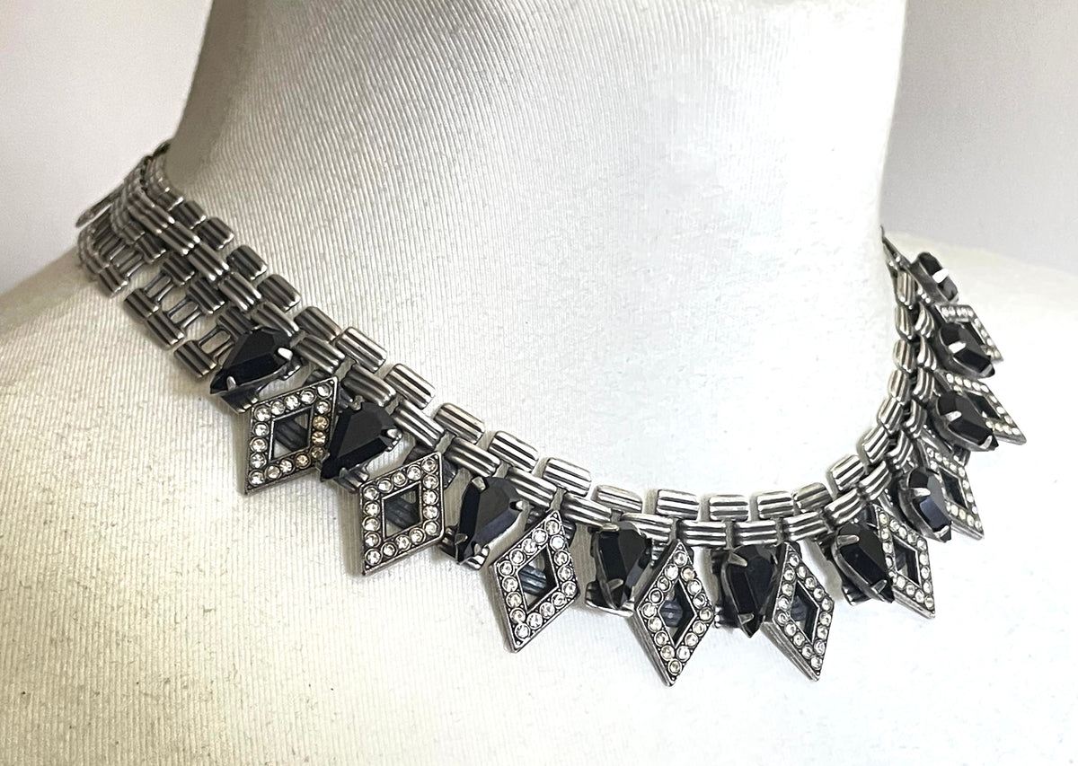 Vintage signed Askew London monchrome Art Deco style collar necklace, statement piece, chic dark silver tone with black & clear rhinestones