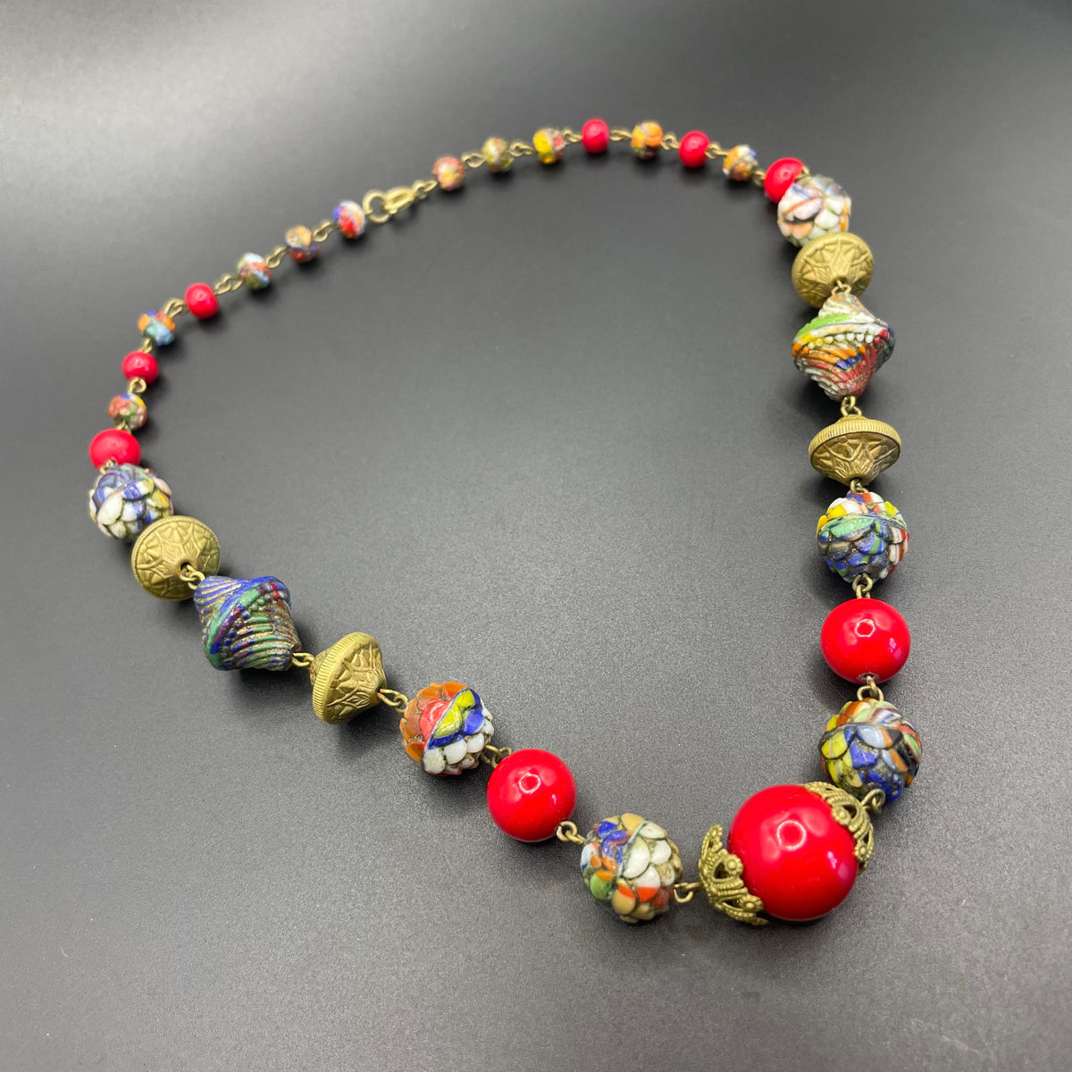 Vintage Art Deco Czech colourful glass bead necklace with beautiful multi-coloured moulded glass beads and gold tone filigree