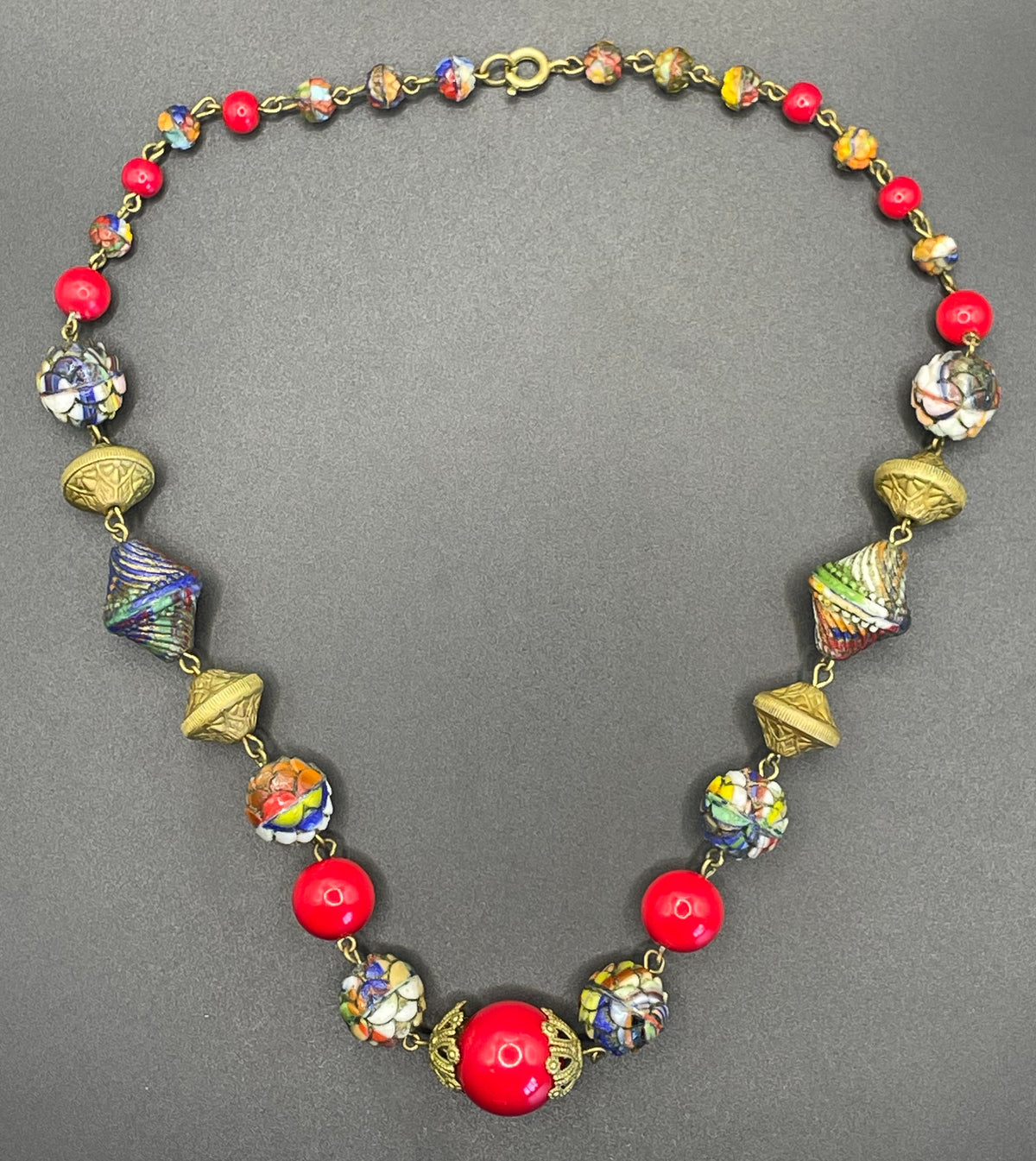 Vintage Art Deco Czech colourful glass bead necklace with beautiful multi-coloured moulded glass beads and gold tone filigree