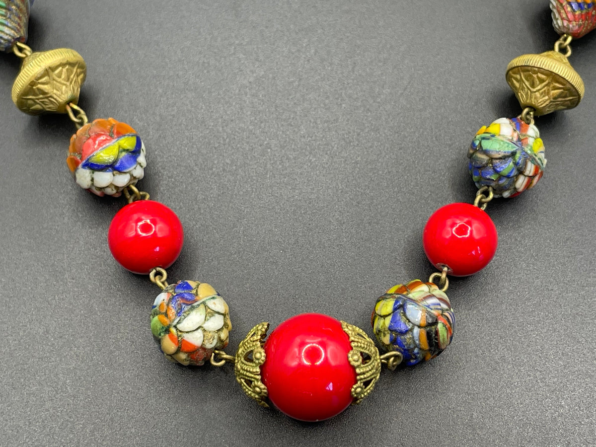 Vintage Art Deco Czech colourful glass bead necklace with beautiful multi-coloured moulded glass beads and gold tone filigree