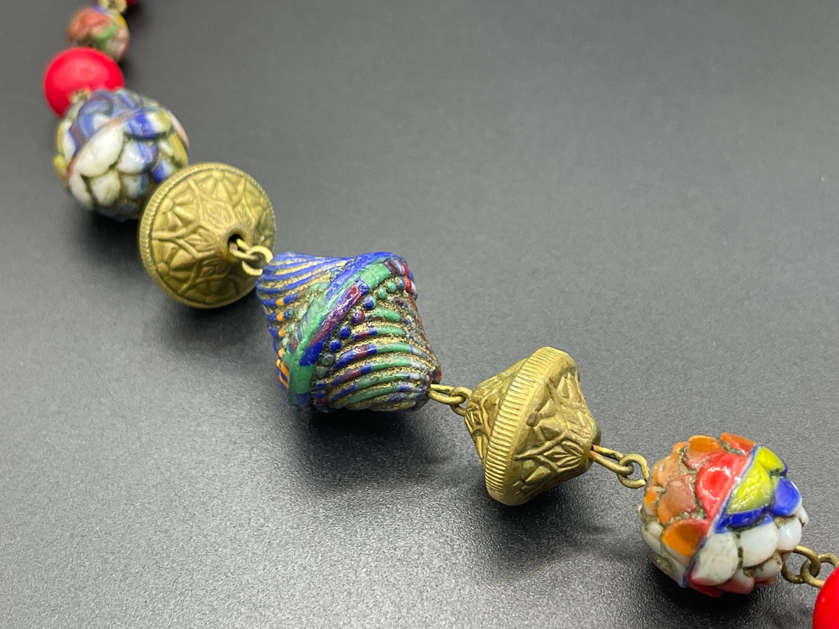 Vintage Art Deco Czech colourful glass bead necklace with beautiful multi-coloured moulded glass beads and gold tone filigree