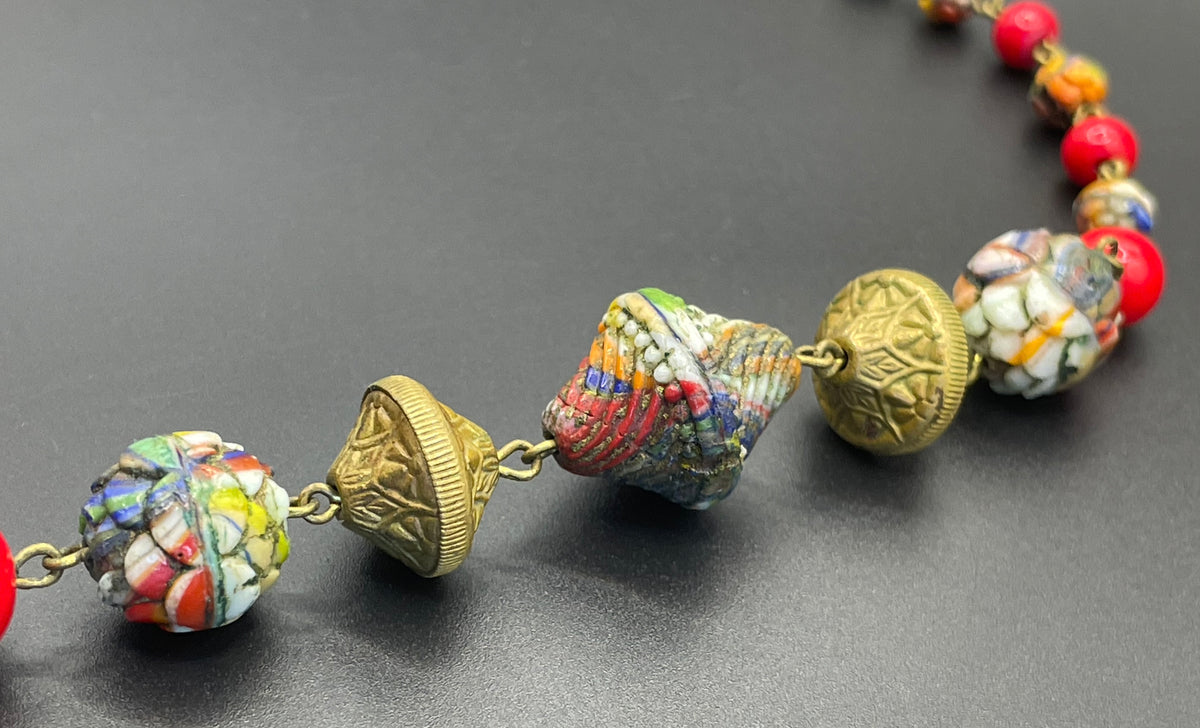 Vintage Art Deco Czech colourful glass bead necklace with beautiful multi-coloured moulded glass beads and gold tone filigree
