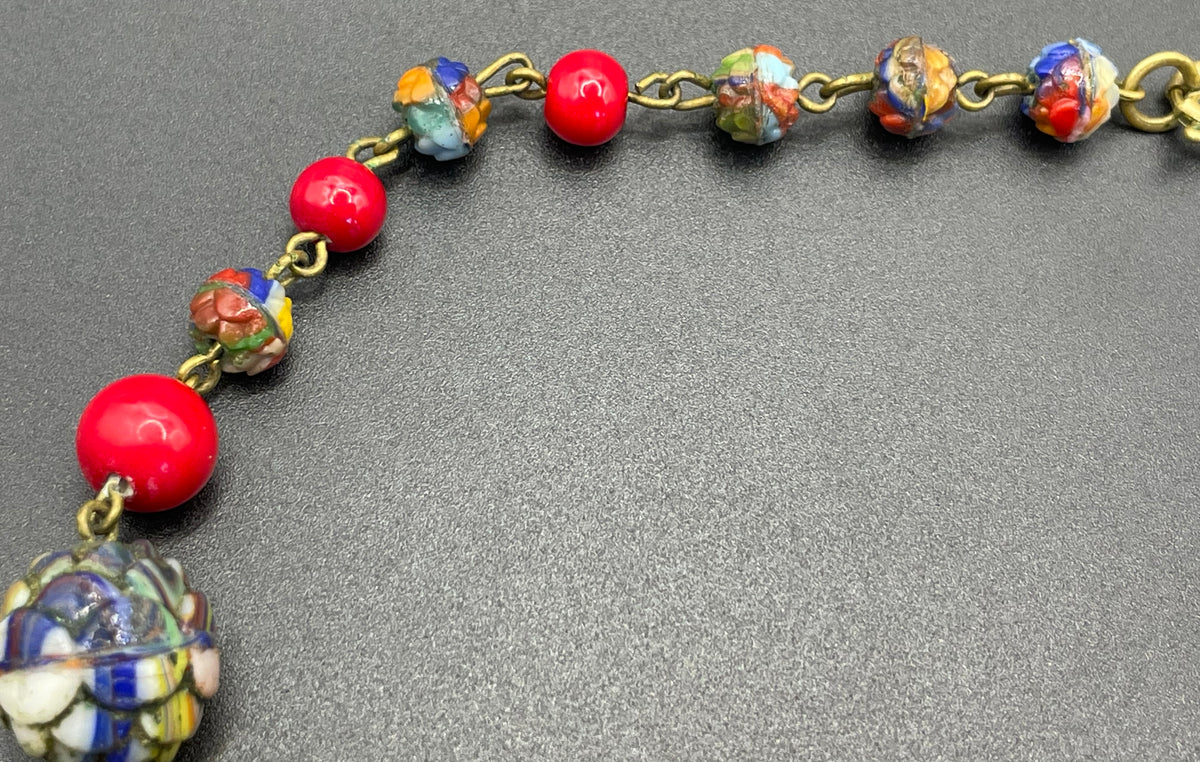 Vintage Art Deco Czech colourful glass bead necklace with beautiful multi-coloured moulded glass beads and gold tone filigree