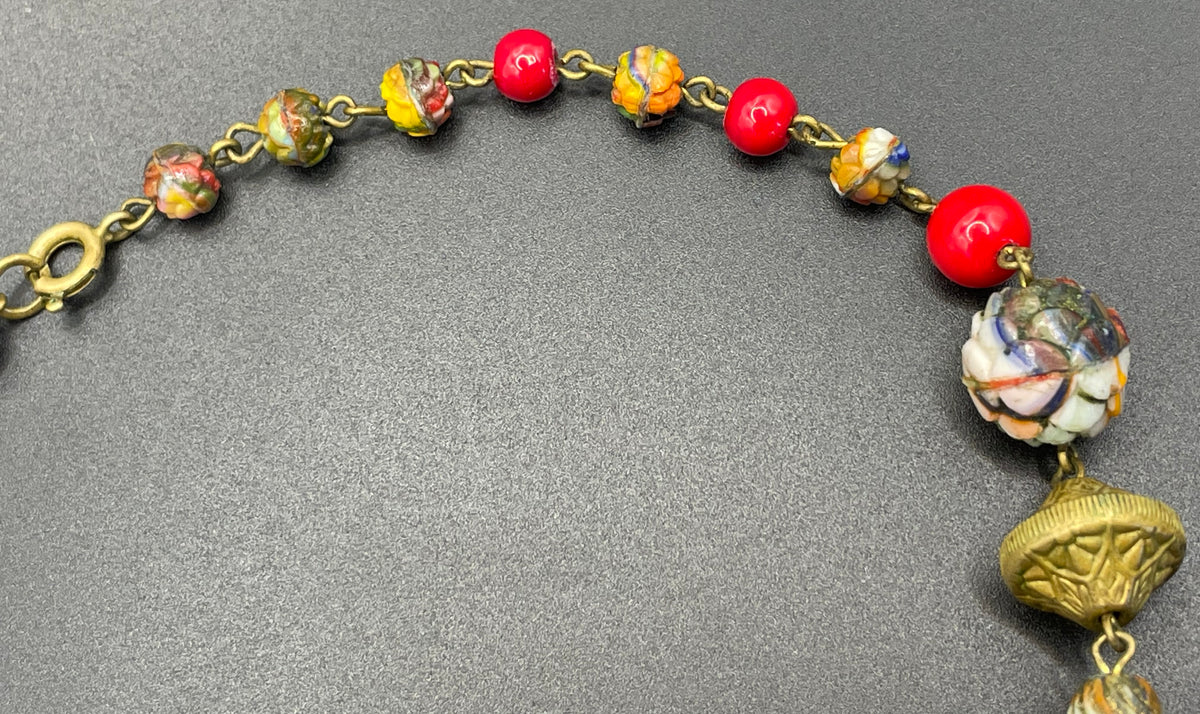 Vintage Art Deco Czech colourful glass bead necklace with beautiful multi-coloured moulded glass beads and gold tone filigree