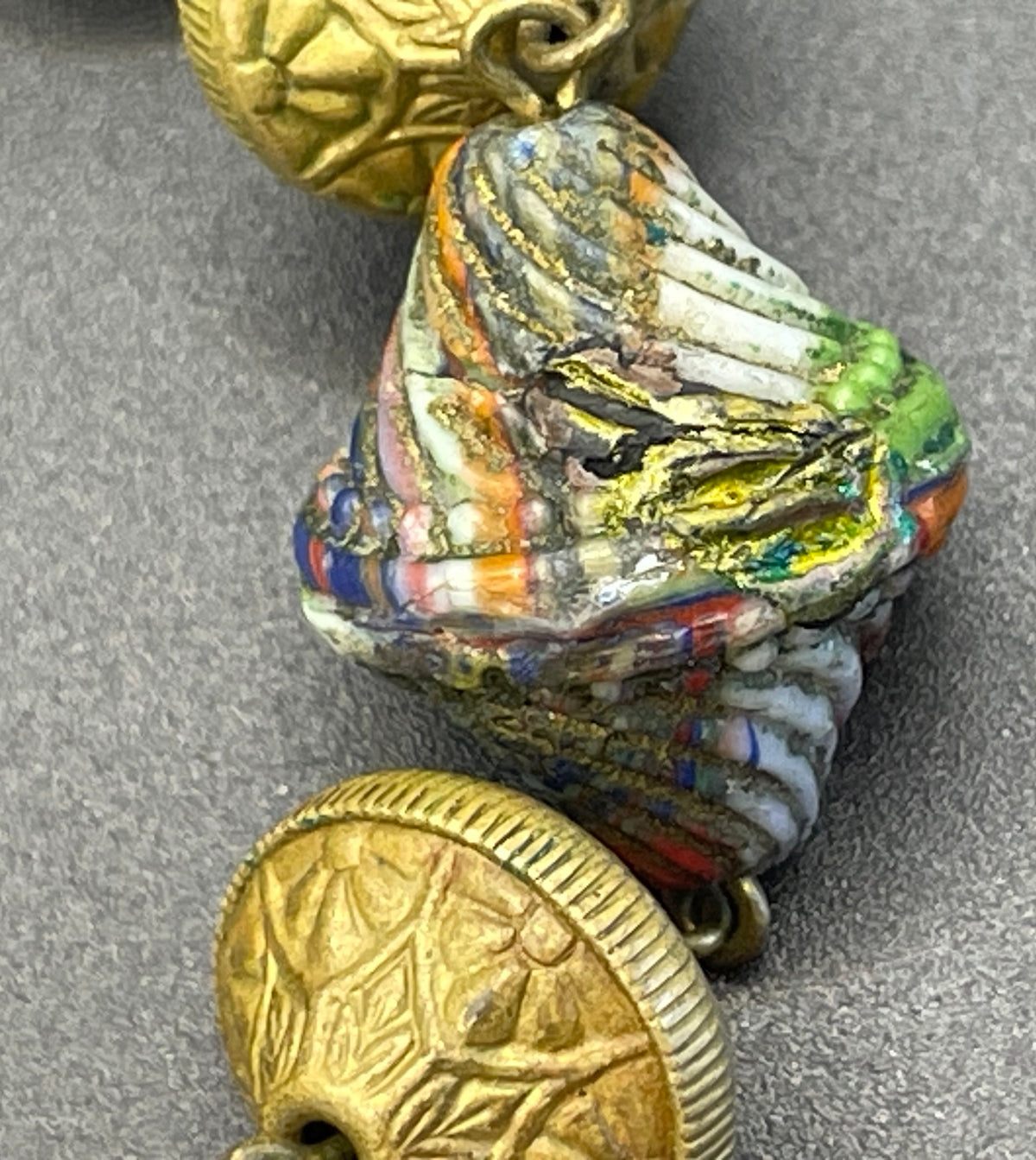 Vintage Art Deco Czech colourful glass bead necklace with beautiful multi-coloured moulded glass beads and gold tone filigree