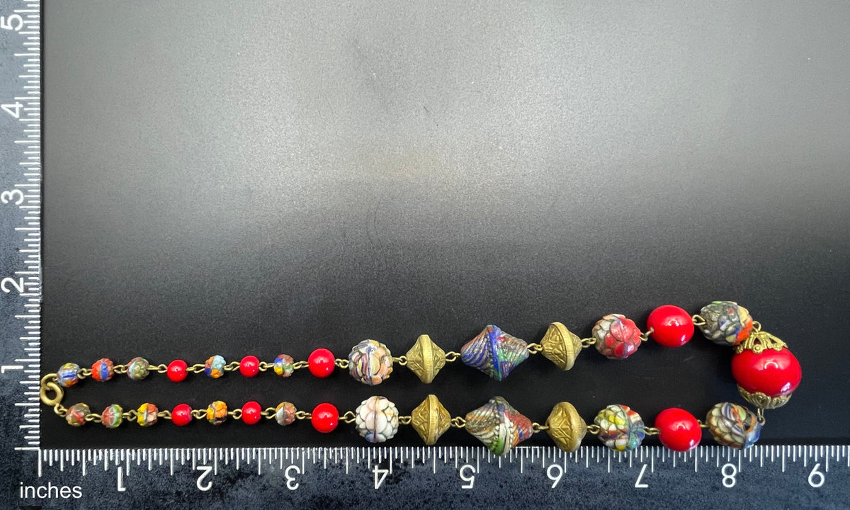 Vintage Art Deco Czech colourful glass bead necklace with beautiful multi-coloured moulded glass beads and gold tone filigree