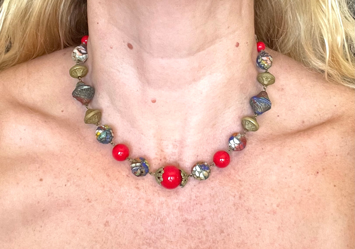 Vintage Art Deco Czech colourful glass bead necklace with beautiful multi-coloured moulded glass beads and gold tone filigree