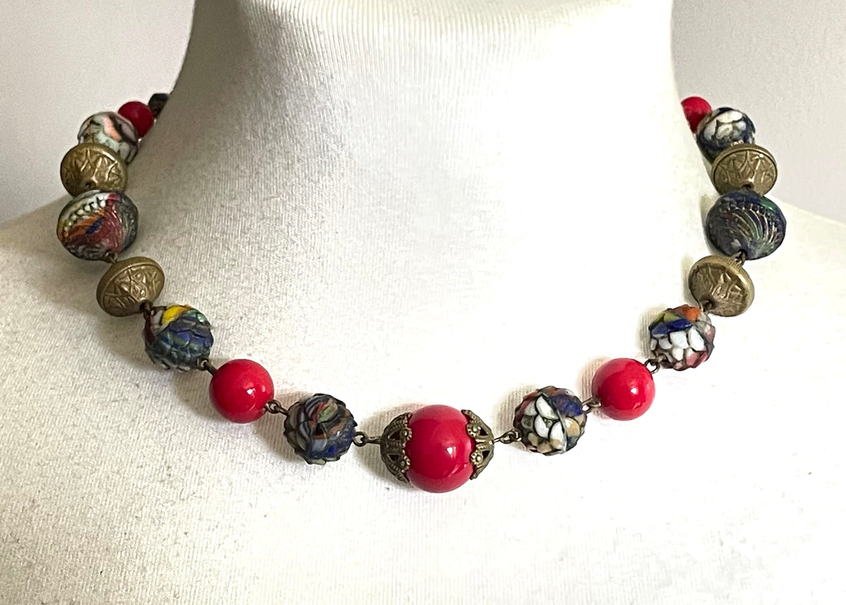 Vintage Art Deco Czech colourful glass bead necklace with beautiful multi-coloured moulded glass beads and gold tone filigree