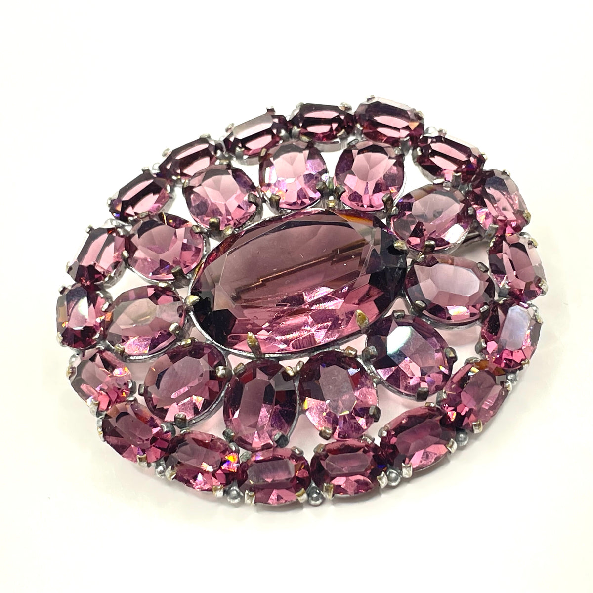 Large vintage Art Deco amethyst purple glass rhinestone, open-backed paste brooch pin in silver tone, stunning vibrant colour